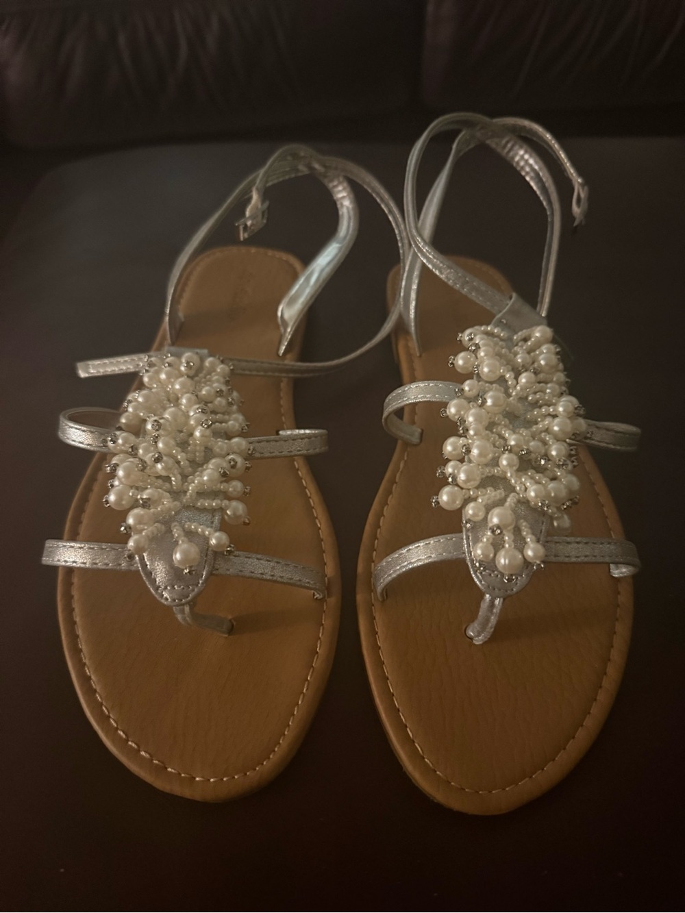 Women's Silver Pearl Embellished Strappy Sandals